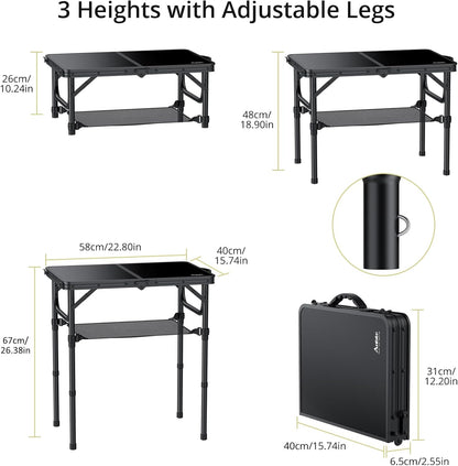 Anbte 2ft Folding Camping Table, 3 Adjustable Heights Small Folding Table | Aluminum Lightweight Folding Table, with Portable Handle & Storage Net, for Camp Beach Travel Fishing Outdoor, 23"x16", Black