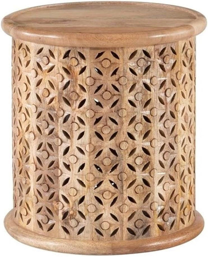 MAKLAINE Transitional Wood Hand Carved Side Table in Natural