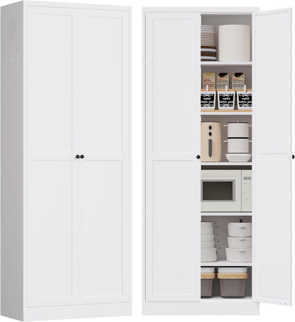 72" Tall Kitchen Pantry Cabinet,White Metal Pantry Cabinet with 2 Doors & 5 Adjustable Shelves,Utility Storage Cabinet for Living Room,Garage,Basement
