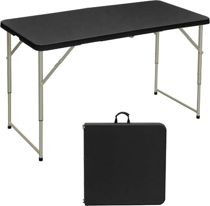 VECELO Folding Table 4 Ft, 3 Adjustable Height, Portable w/Handle, Black | Fold-in-Half, Heavy Duty, Space Saving, Plastic Utility Table, for Camping, Party, Dining, Indoor & Outdoor Use