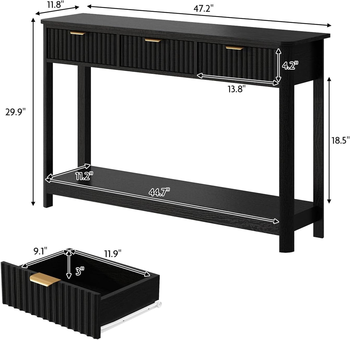HOKYHOKY Fluted Console Table with Drawers, Modern 47.1" Entryway Table with Storage Shelf, Boho Narrow Skinny Behind Couch Wood Sofa Table for Living Room Hallway Entrance Foyer, Black