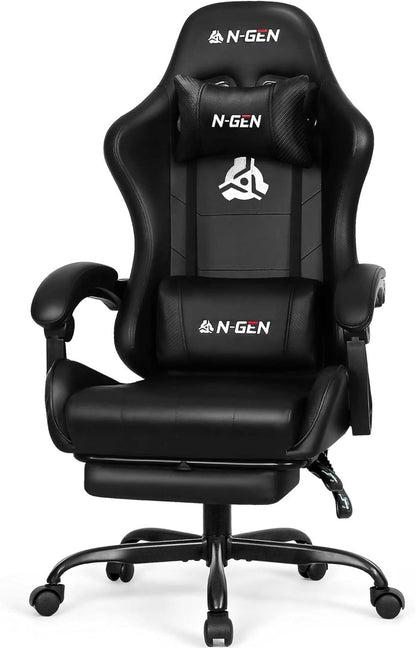 N-GEN GAMING Gaming Chair with Footrest, Lumbar, High-Back, Carbon Black | Reclining Backrest, Linkage Armrests, Durable PU Leather, Adjustable Comfort for Extended Computer, Desk, or Home Office Use