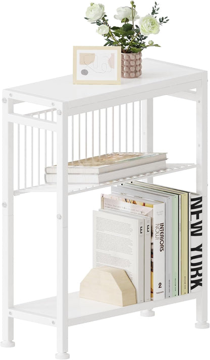 Side Table for Small Spaces, Narrow End Table with Magazine Holder, 2 in 1 Design Slim Side Table, Skinny Nightstand for Living Room Bedroom, Thin Side Magazine Table, White