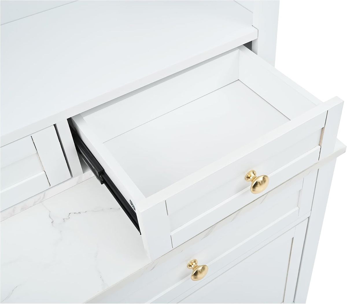 Modern 83.7inch High Kitchen Pantry, Freestanding Tall Kitchen Hutch with Faux Marble Top,Cupboard Cabinet with 5 Storage Drawers and Adjustable Shelf, Set of 2 (White-074)