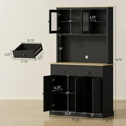 Kitchen Pantry Cabinet Tall Food Pantries w/Drawers&Adjustable Shelves for Kitchen,Multi-functional Kitchenware Server Utility Storage Organizer w/Microwave Stand&Open Countertop (Black + 71 inches)