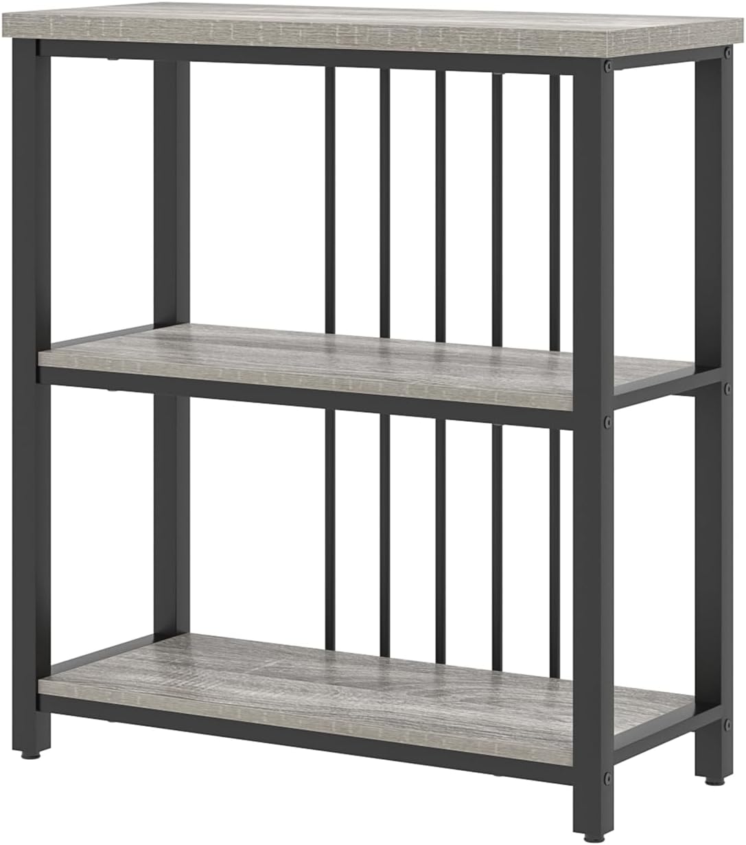 FOLUBAN 3 Tier Bookshelf, Short Bookcase for Small Space, Modern Wooden and Metal Book Shelf for Living Room Bedroom Office (Light Grey Oak)