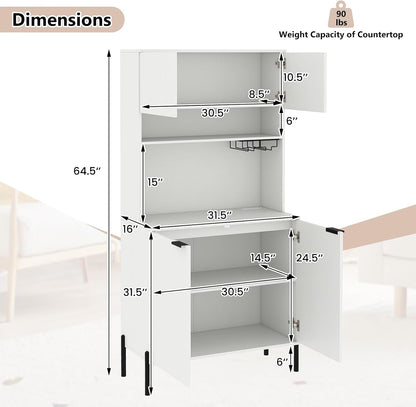 LOKO 64.5” Tall Kitchen Pantry Cabinet, Buffet Sideboard with Charging Station, Modern Wine Bar Cabinet with Wine Glass Rack, Kitchen Hutch Cupboard for Dining Room, Living Room (White)