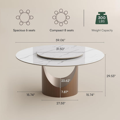 POVISON 59" Round Dining Table for 6 with Lazy Susan, Glossy White Sintered Stone Dining Tabletop with 31" Lazy Susan, Bronze Carbon Steel Pedestal, Modern Dining Table for Living Room (Table Only)