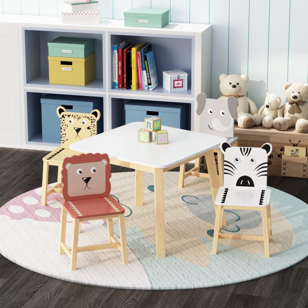 Virubi 5 PCS Wood Activity Table & Chair Set for Kids Ages 2-6 - Wooden Drawing Play Table W/ 2 Animal Chairs for Nursery, Kindergarten, Home (Colorful(5PCS))