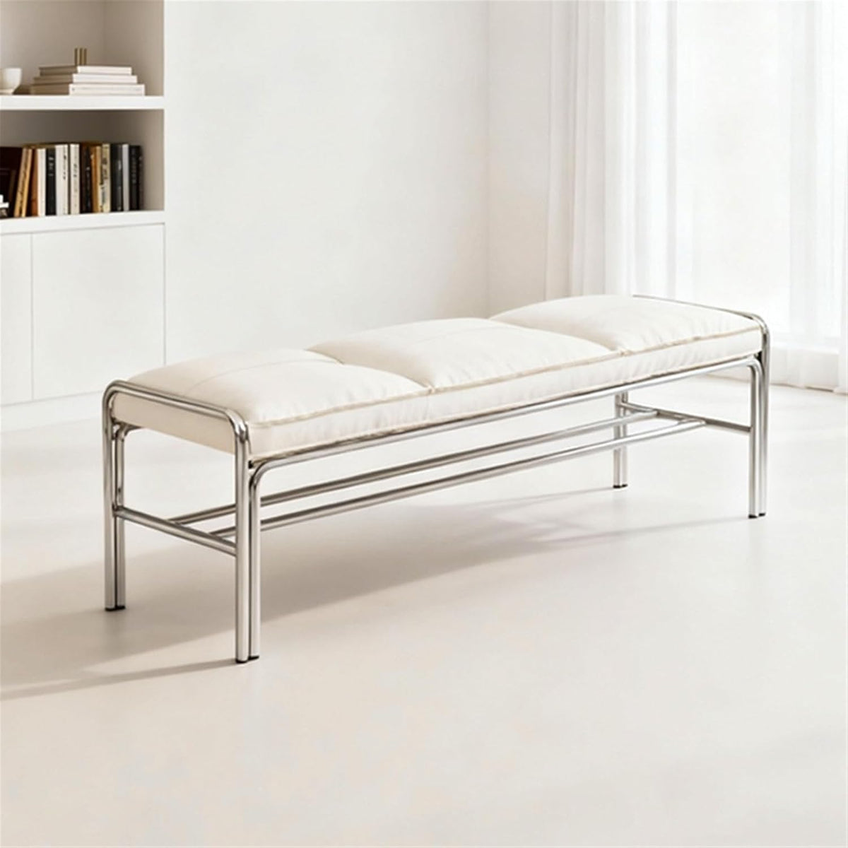 Modern Stainless Steel Long Bench with Leather Cushion Home-use Soft-Pack Shoe Changing Stool Black Entryway(Small)