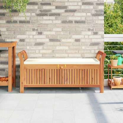 Garden Storage Bench, 49.6 Inch Solid Acacia Wood Outdoor Storage Box with Cream White Cushion, Large Wood Deck Box for Patio Seating and Yard Organization, Natural Oiled Finish