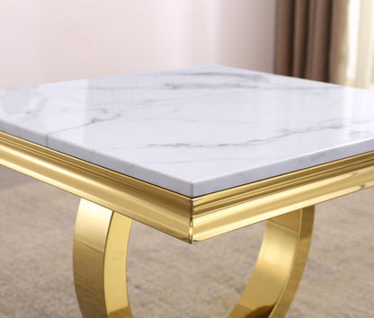Modern Luxury Faux Marble End Table with Polished Gold Stainless Steel Base Square White Marble Side Table Elegant Small Bedside Table for Living Room Bedroom Office