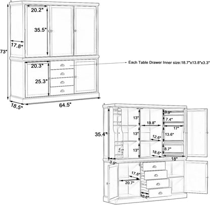 73'' Traditional Freestanding Wooden Kitchen Pantry, Large Kitchen Storage Unit Cupboard with Drawers Cupboard with Door Shelves and Adjustable Shelves (Gray-T)