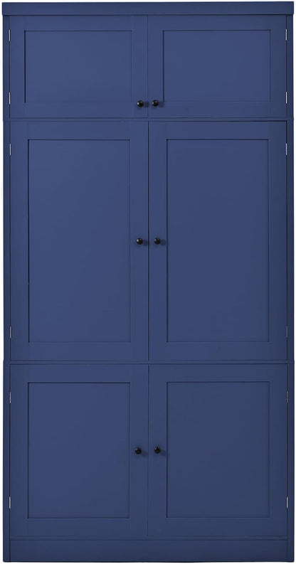 JIJIWANG 70.9" H Farmhouse Freestanding Kitchen Pantry Storage Cabinet with Drawers and Shelves, Buffet with 8 Pull-Out Trays and 4 Doors Blue