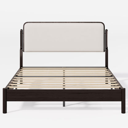Lifezone Queen Bed Frame with Upholstered Headboard, Solid Wood Bed Frame Queen Size with Ergonomic Design Headboard, Wood Slats Support, Noise-Free, Easy Assembly,No Box Spring Needed, Walnut