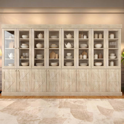 ivaniti 71" Tall Kitchen Pantry Cabinet, Rustic Farmhouse Storage Hutch with Glass Doors & Adjustable Shelves, Freestanding Wood Buffet Cabinet for Dining Room, Living Room, Brown (Set of 4)