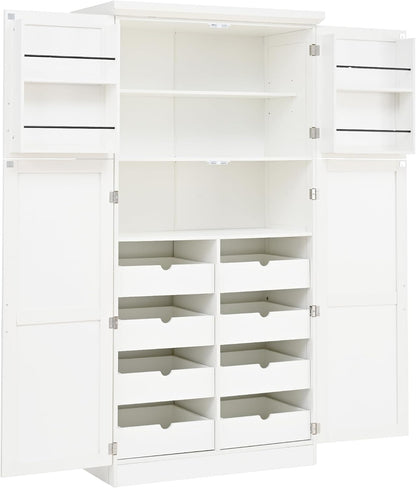 70.9" Tall Freestanding Kitchen Pantry Cabinet with 4 Doors, Large Wooden Kitchen Organizers Storage Cabinet with 8 Pull-Out Trays and 2 Door Shelves for Dining Room, White