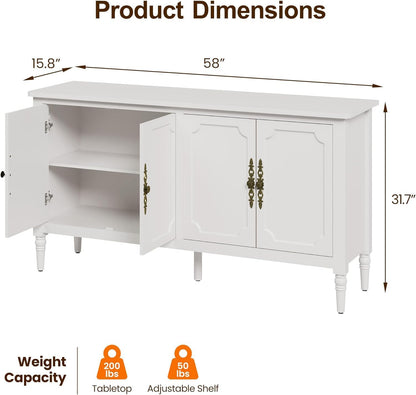 FansaFurn 58'' Large Sideboard Buffet Cabinet with 4 Doors, Modern Credenza Buffet Table for Coffee Bar, Storage Cabinet for Dining Room Living Room, White