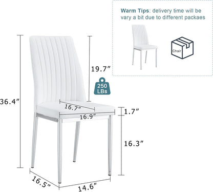 Upholstered Dining Chairs Set of 4, Mid-Century Modern Leather Dining Room Chair with Metal Legs & Padded Seat, Stylish Elegant Living Room Accent Chair (White-Silver, Set of 4)