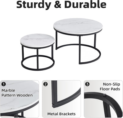 Nesting Coffee Table White Marble Pattern Wooden with Black Frame | 31.49" Round Coffee Tables for Living Room, Waiting Room, Apartment, Office, Balcony, Set of 2