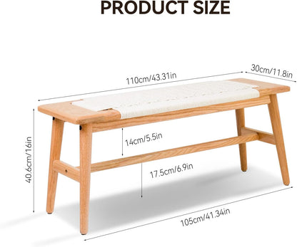 Solid Wood Entryway Bench, 43.31" Wooden Dining Bench, End of Bed Benches w/Hand-Woven Rope Seat for Bedroom, Kitchen Dining Room, Living Room, Entry Décor (White Rope)