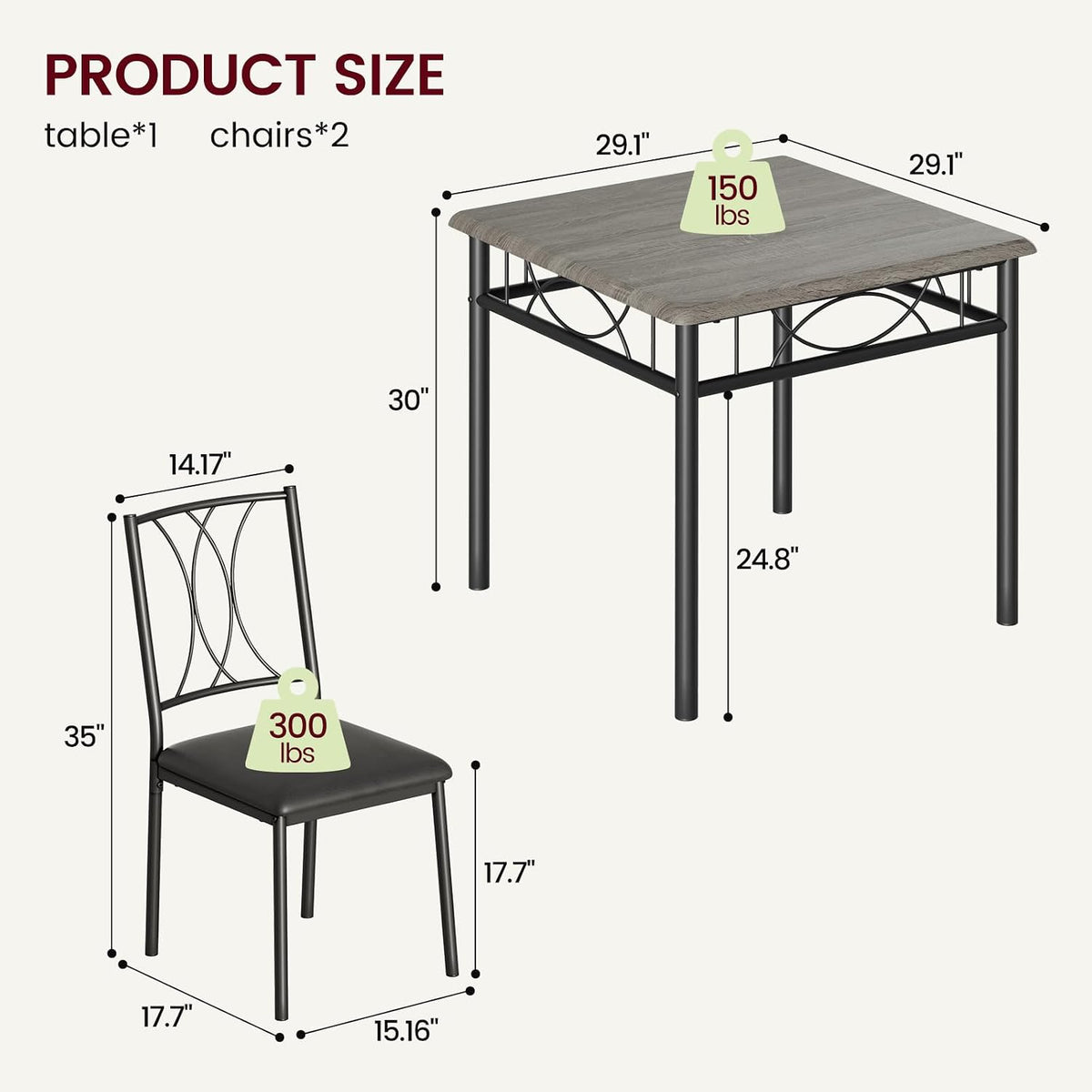 Dining Table Set for 2, Kitchen Table with 2 Upholstered Chairs, Wood 3-Piece Kitchen Dining Room Table Set for Apartment, Small Space, Space Saving, Retro Gary
