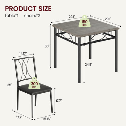 Dining Table Set for 2, Kitchen Table with 2 Upholstered Chairs, Wood 3-Piece Kitchen Dining Room Table Set for Apartment, Small Space, Space Saving, Retro Gary
