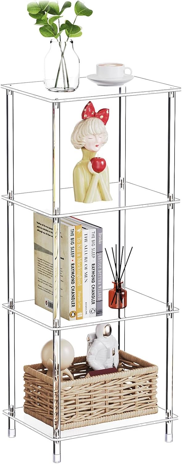 Clear Acrylic Side Table, 15.7" L x 11.8" W x 38.7" H, 4-Tier End Table for Living Room, Small Modern Bedside Tables Nightstand for Bedroom, Home Decor Accent Table JJ0011-01