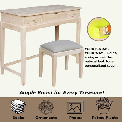 Solid Wood Vanity Table With Bench, Unfinished