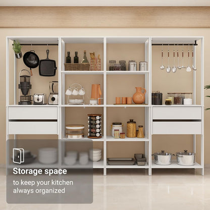 Madesa Kitchen Pantry Storage Rack with 4 Drawers, Open Shelves and Hanging Spaces 102" L Multiuse Modular Cabinet for Kitchen Organization - White