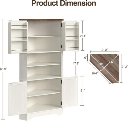 Befrases Corner Cabinet, 67''H Kitchen Pantry Storage Cabinet, 6-Tier Corner Food Pantry Hutch with 4 Barn Doors and Shelves, Tall Farmhouse Furniture for Kitchen Dining Living Room, White