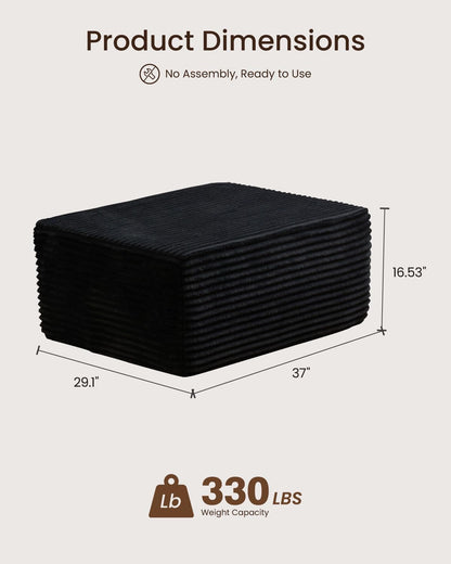 37" Plush Ottoman, Upholstered Cloud Footrest for Couch in a Box,Oversize Poufs for Living Room & Bedroom Sofa Ottoman,Comfy Seating with Dense Foam, Black (Plush Corduroy Fabric)