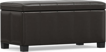 SIMPLIHOME Dover 36" Wide Vegan Leather Storage Ottoman in Tanners Brown | Contemporary ottoman with lift-top and safety hinges; upholstered rectangle storage bench for living room and entryway.