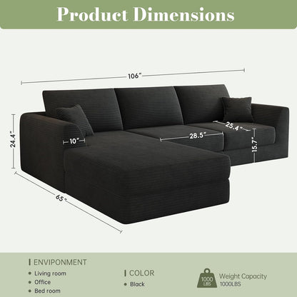 106" Modular Sectional Sofa with Deep Seat, L-Shaped Corduroy Couch with Reversible Chaise, 3-Piece Set for Living Room Bedroom Apartment, No Assembly Required