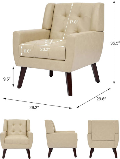 Accent Chair, Comfy Mid Century Modern Small Armchairs with Solid Wood Frame and Soft Cushion for Living Room, Bedroom (Faux Leather, Cream, Set of 2)