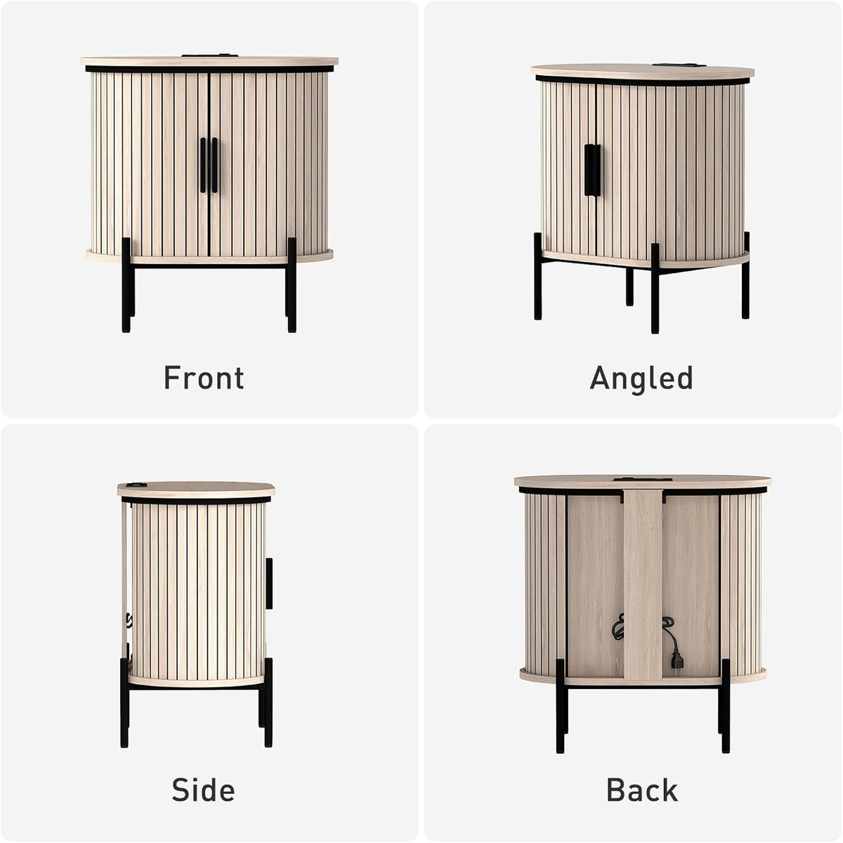 Bonzy Home Round Nightstand with Storage, Fluted Side Table with Charging Station, Mid Century Modern Bedside Table, End Table with Sliding Door for Living Room, Bedroom, Small Spaces, Oak