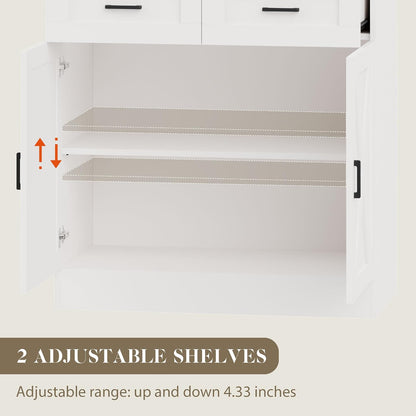 71“ Kitchen Pantry Storage Cabinet, Kitchen Hutch with Microwave Stand and Adjustable Shelves Freestanding Cupboard for Dining Living Room, White