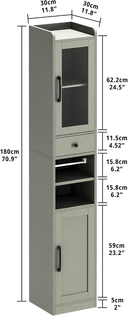 IRONCK Tall Bathroom Cabinet with Drawer and Door, 71" H Slim Freestanding Narrow Storage Cabinet with Adjustable Shelves, Retractable Toilet Paper Rod, for Small Spaces, 11.8" W Green