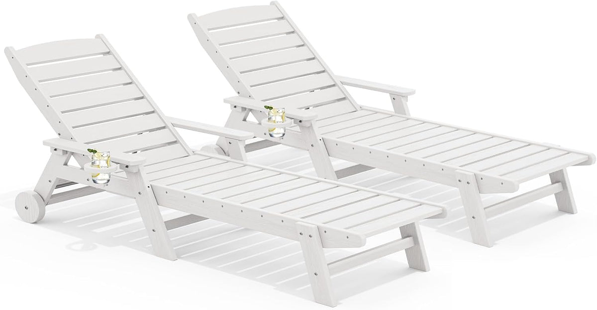 SERWALL Patio Chaise Lounge Chair Set of 2, 78'' Long 5-Positions Adjustable HDPE Outdoor Lounger for Pool, Poly Lounge Chair with Rolling Wheels & Cup Holder for Poolside, Deck, White