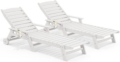 SERWALL Patio Chaise Lounge Chair Set of 2, 78'' Long 5-Positions Adjustable HDPE Outdoor Lounger for Pool, Poly Lounge Chair with Rolling Wheels & Cup Holder for Poolside, Deck, White