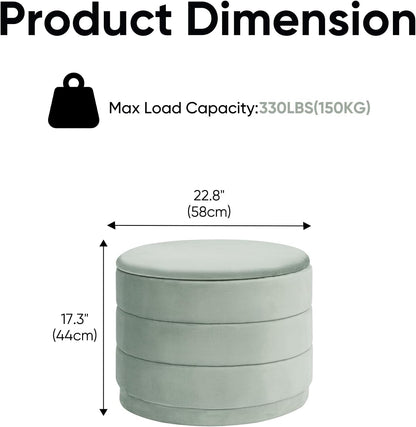 23" Round Velvet Storage Ottoman with Reversible Lid, Soft Padded Footrest and Hidden Storage, Large Upholstere Tray Top Ottoman Footstool for Living Room, Bedroom, Entryway, Sage Green