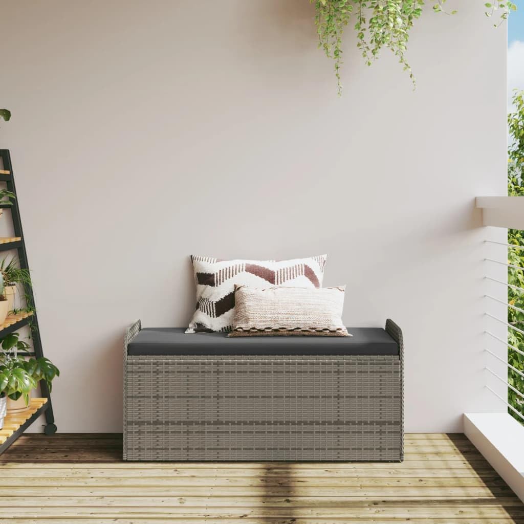 Outdoor Storage Bench with Cushion, 45.3 Inch Patio Deck Box Seat, Weather-Resistant Poly Rattan Furniture with Gas Spring Lid, Gray