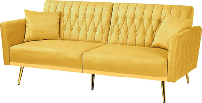 70” Velvet Futon Sofa Bed w/Adjustable Armrests & 2 Pillows, Convertible Futon Couch w/Adjustable Backrests, Modern Sleeper Bed for Living Room, Bedroom, Yellow