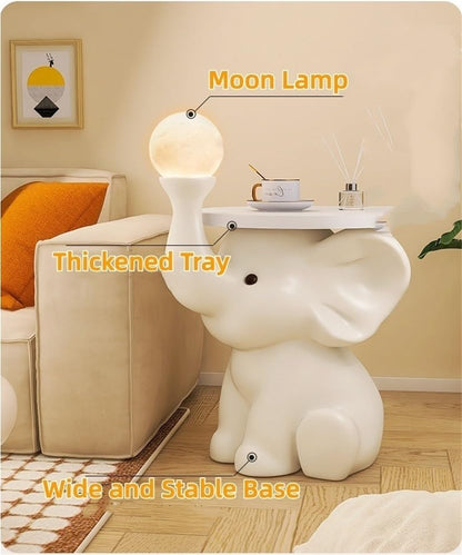 Resin Coffee Table, Elephant Shaped Side Table, Decorative Table with LED Lights, Nightstand with Wooden Tray, for Living Room, Bedroom(16.1x21.2in)