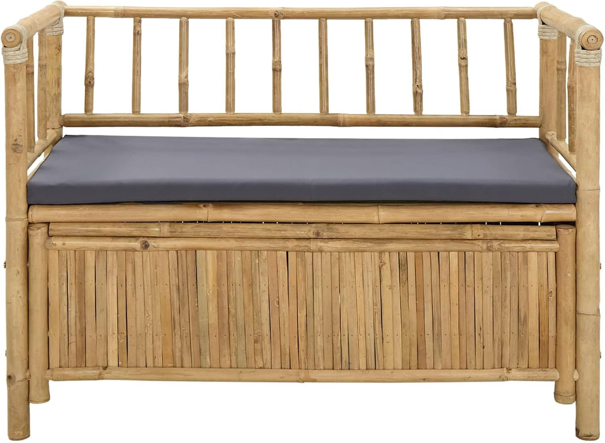 Bamboo Garden Storage Bench 110x47x80 cm, Natural Outdoor Bench with Hidden Seat Storage, Post Leg Design for Patio or Sunroom, Easy Assembly Required