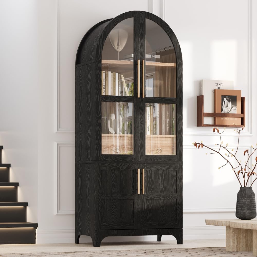 71" Tall Arched Kitchen Pantry Cabinet with Door Shelves, Farmhouse Kitchen Storage Cabinet with Open & Adjustable Shelves, Hidden Drawer & Glass Door, Cupboard for Kitchen, Dining Room, Black