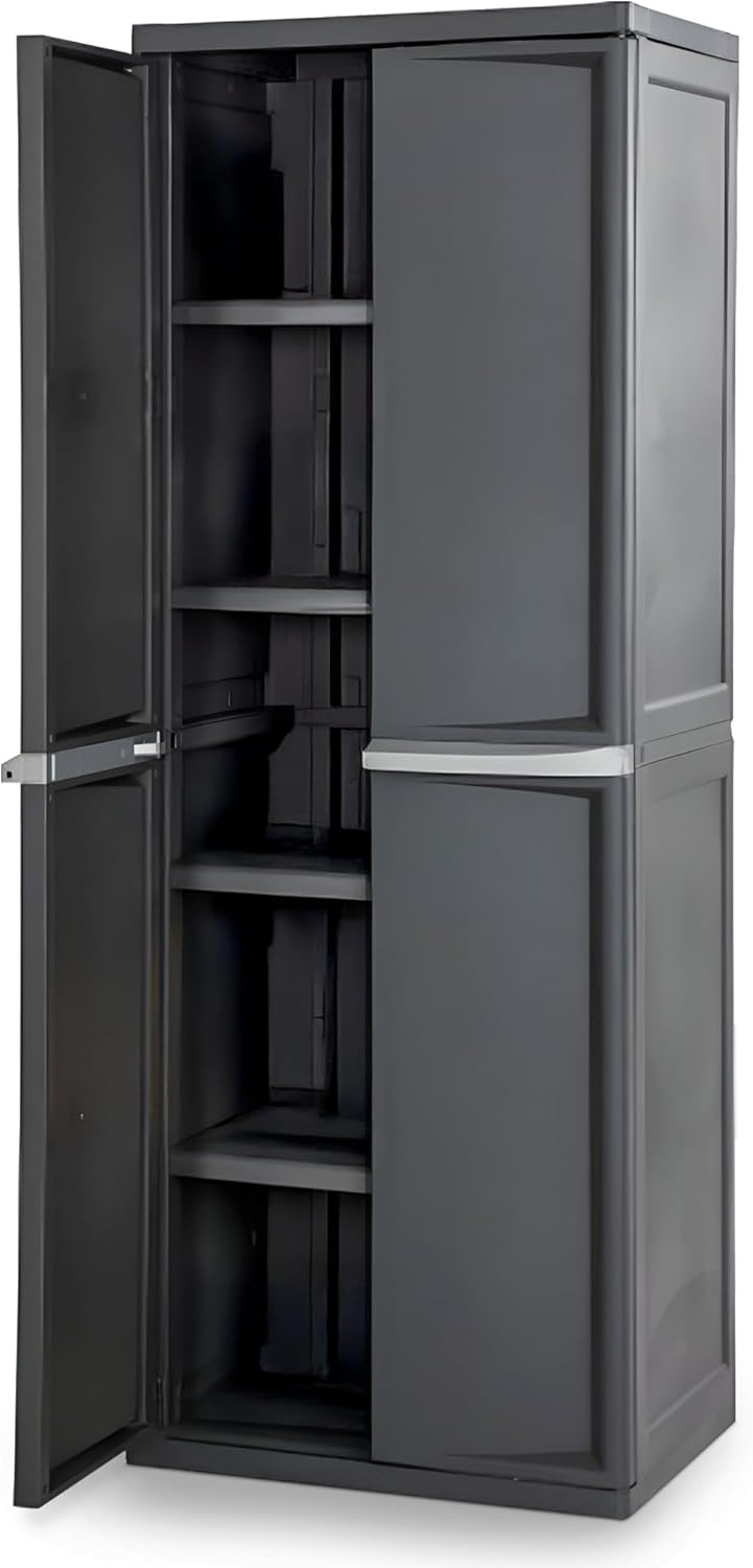 Sterilite 4 Shelf Cabinet, Lockable Utility Storage w/ Adjustable Shelves, Gray - Plastic Shelving Unit for Organizing Garage, Pantry, Basement, Laundry Room or Mudroom