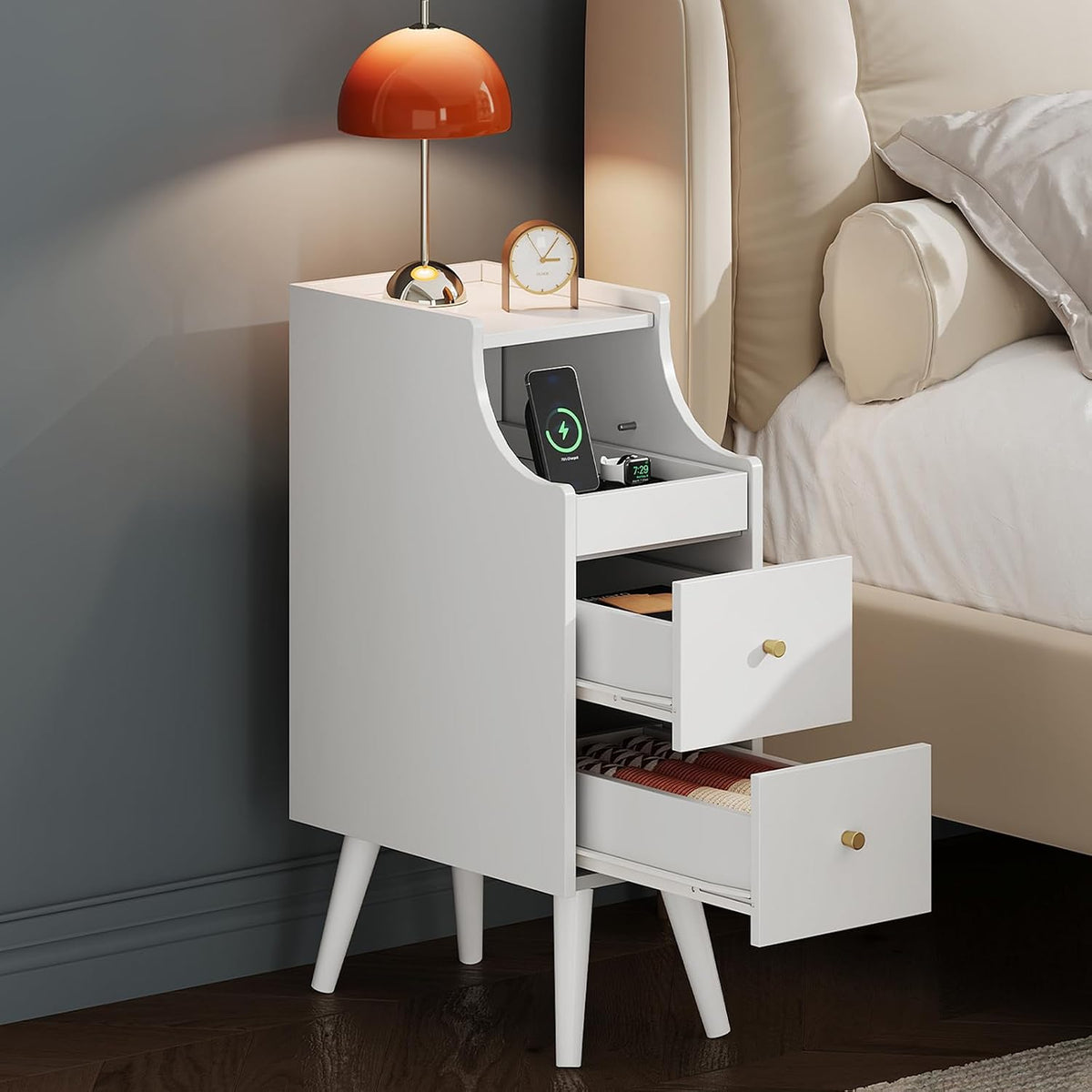 WLIVE Small Nightstand with Drawers, Narrow Bedside Tables with Open Shelf & Cable Hole, Narrow Nightstand for Bedroom, Modern Storage Cabinet for Small Spaces/Living Room, White