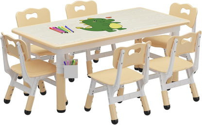Kids Table and Chair Set - Height Adjustable Toddler Table and Chair Set with 6 Seats Non-Slip Legs,Children Multi-Activity Table for Ages 2-8 Graffiti Desktop,Family Learning Daily Use