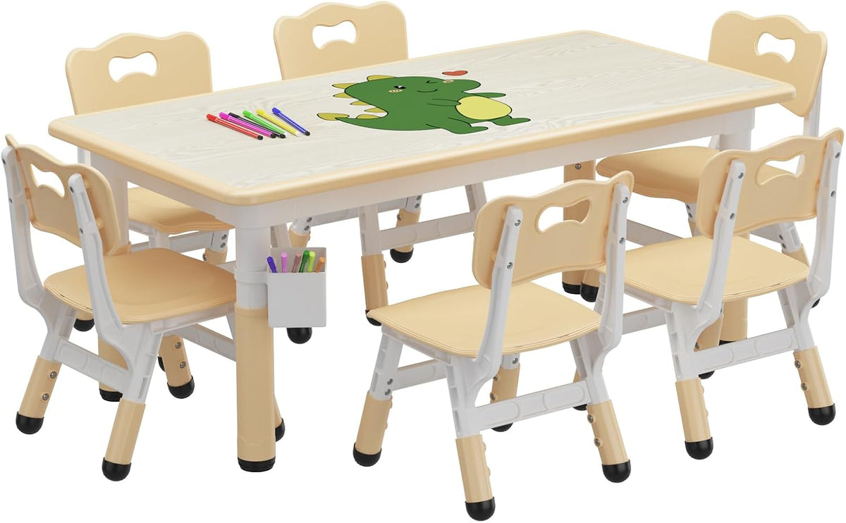 Kids Table and 6 Chairs Set, Adjustable Study Activity Table Ages 2-10